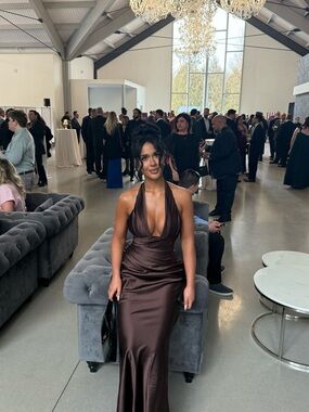 Halter Plunge Chocolate Brown Satin Maxi Dress with Corset